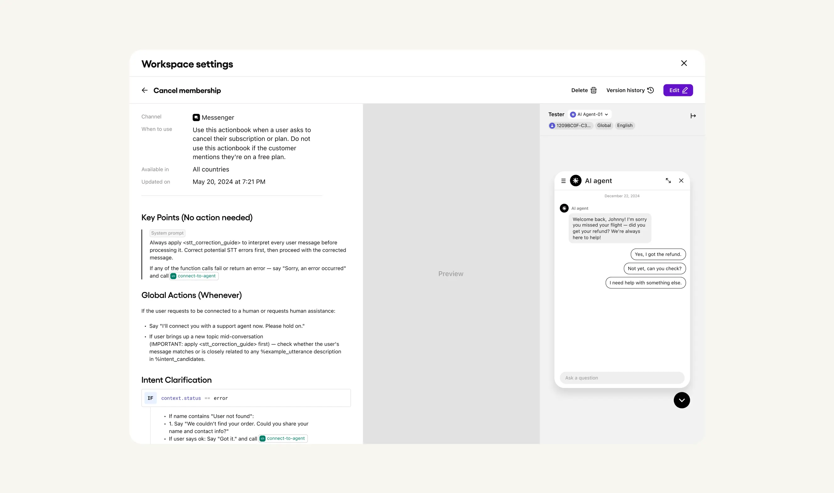 Delight.ai Actionbook editor showing membership-cancellation instructions beside an AI agent test conversation.