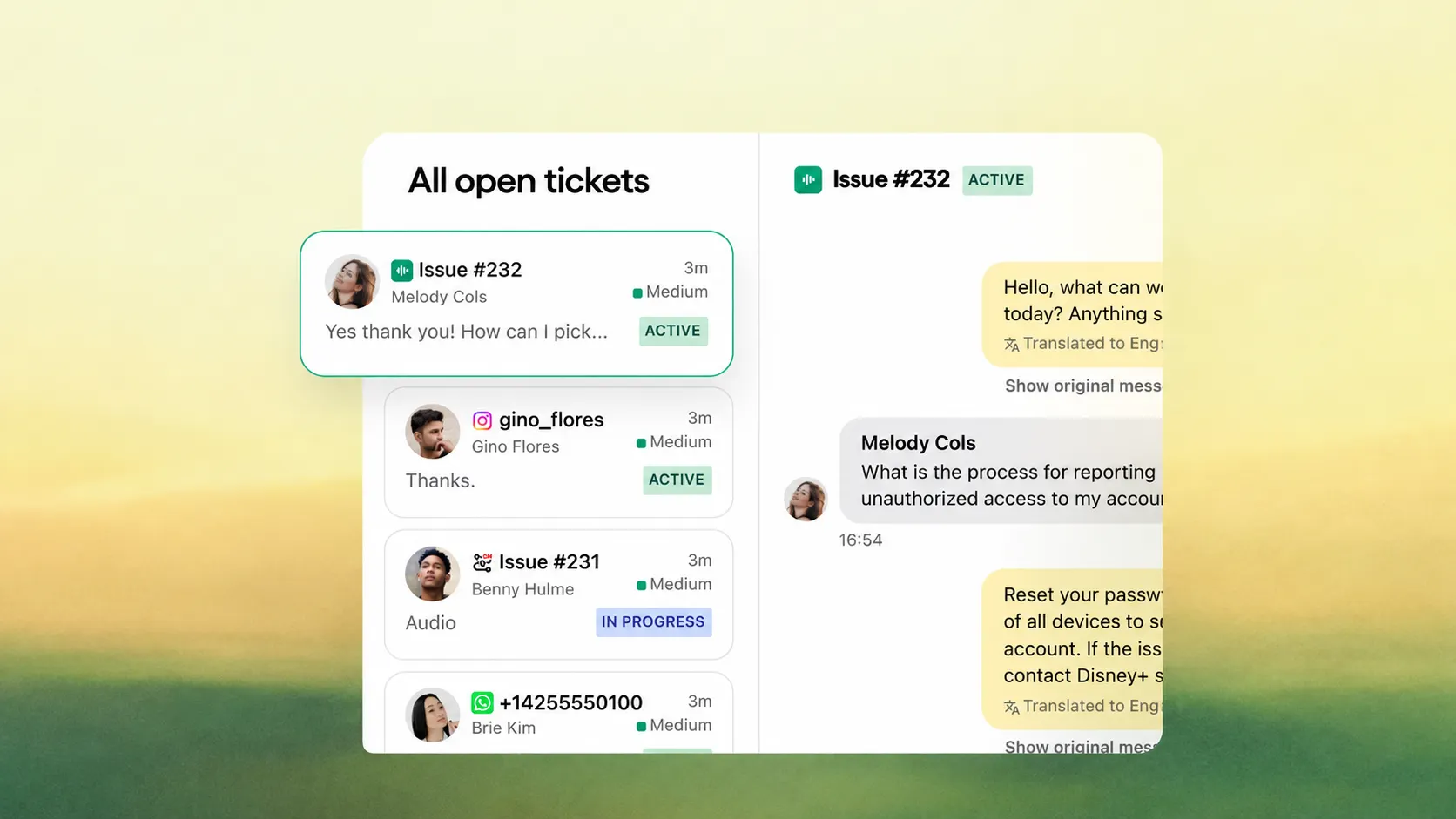 Delight Desk inbox showing open tickets from multiple channels alongside an active customer conversation.