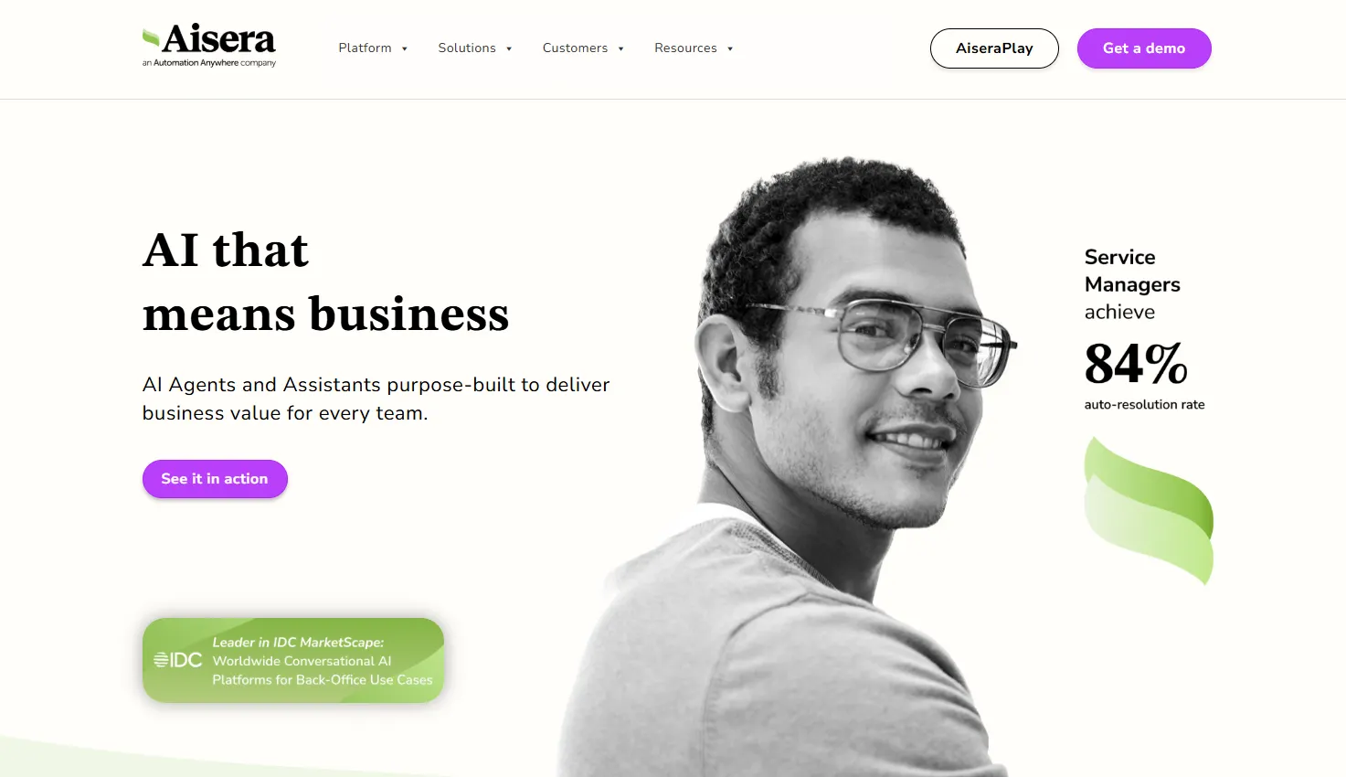 Aisera homepage promoting AI agents and assistants for business teams