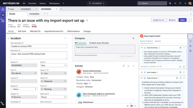 Aisera Agent Assist in ServiceNow showing a VPN incident summary and suggested troubleshooting steps