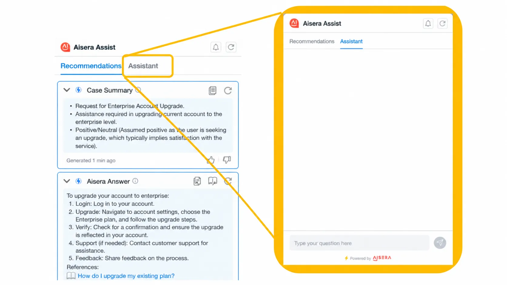 Aisera Assist with an account upgrade case summary, a suggested response, and the Assistant chat tab