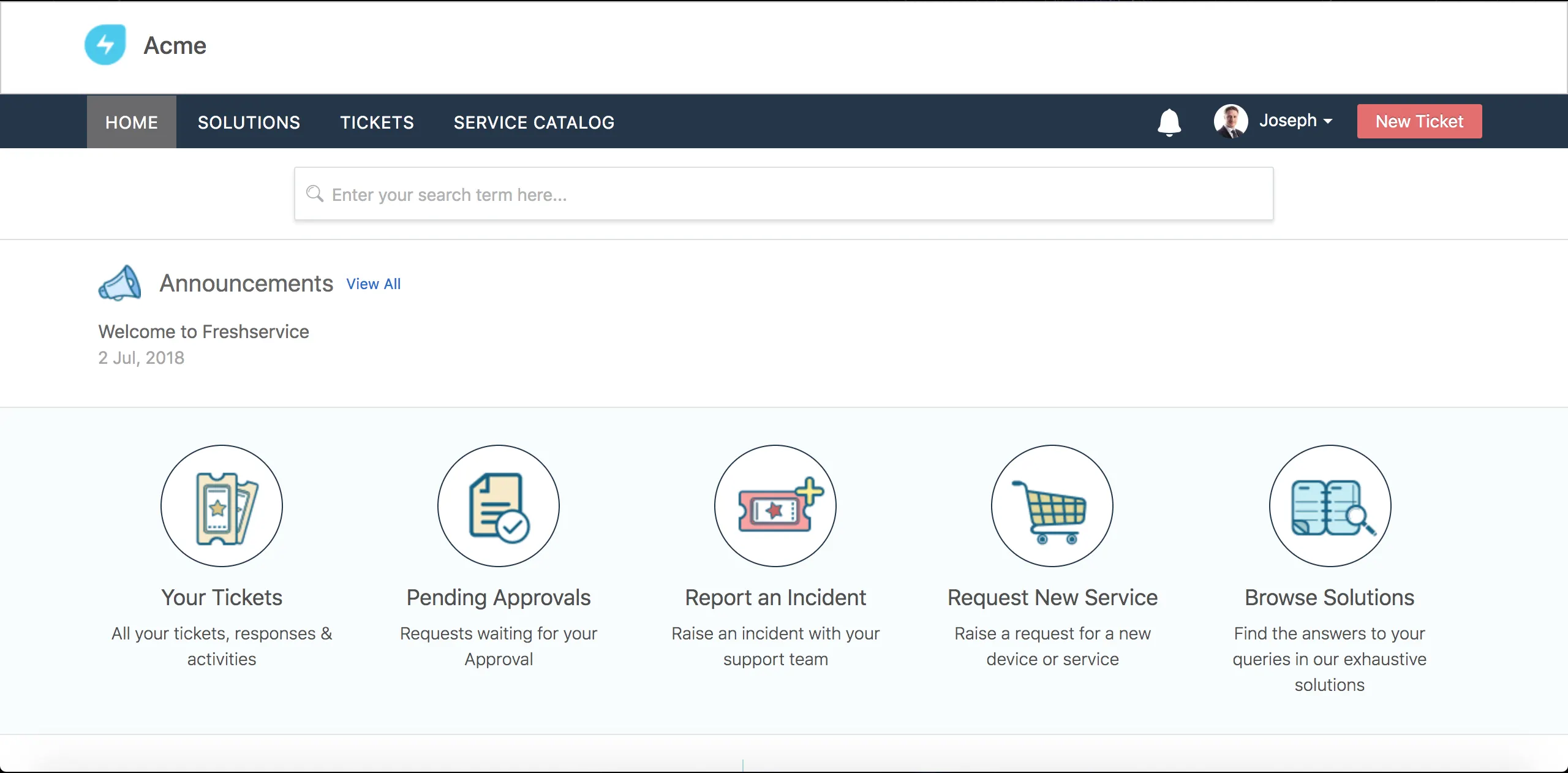Freshservice portal with tickets, pending approvals, incident reporting, service requests, and solutions.