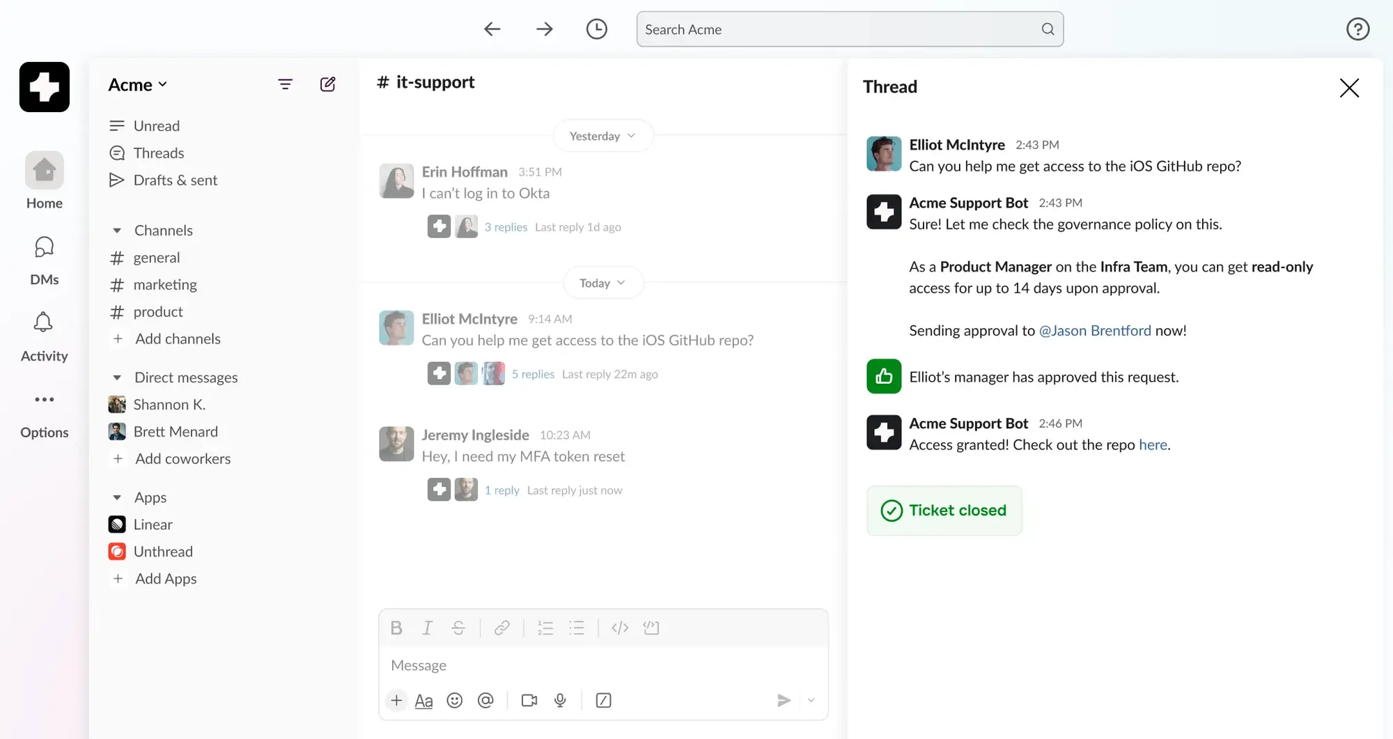 Unthread in Slack showing a GitHub access request, manager approval, access confirmation, and a closed ticket.