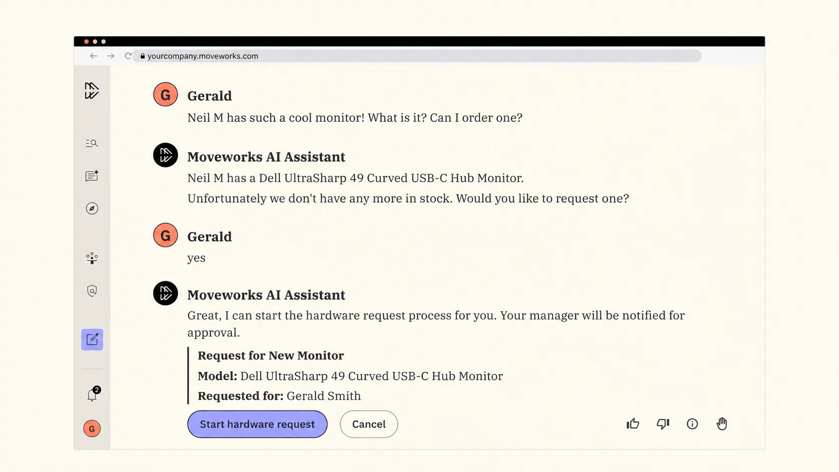 Moveworks AI Assistant identifying a monitor and preparing a hardware request for manager approval.