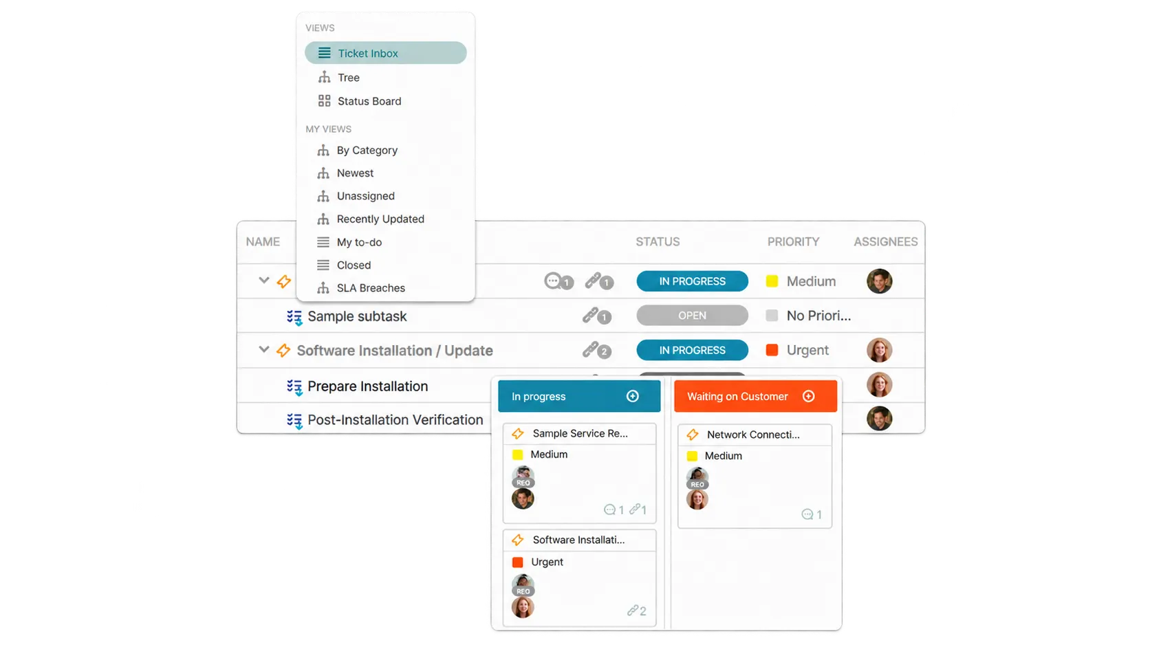 OneDesk ticket inbox, task list, and status board.