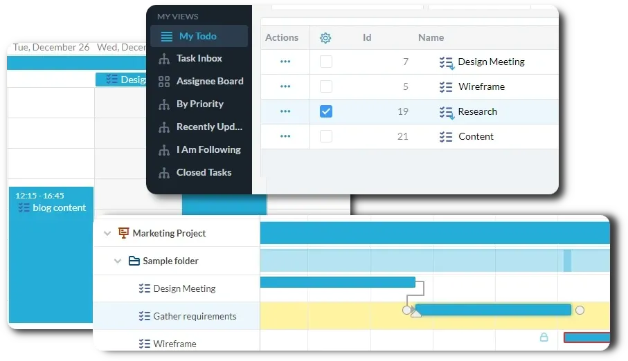 OneDesk task list, calendar, and Gantt chart.
