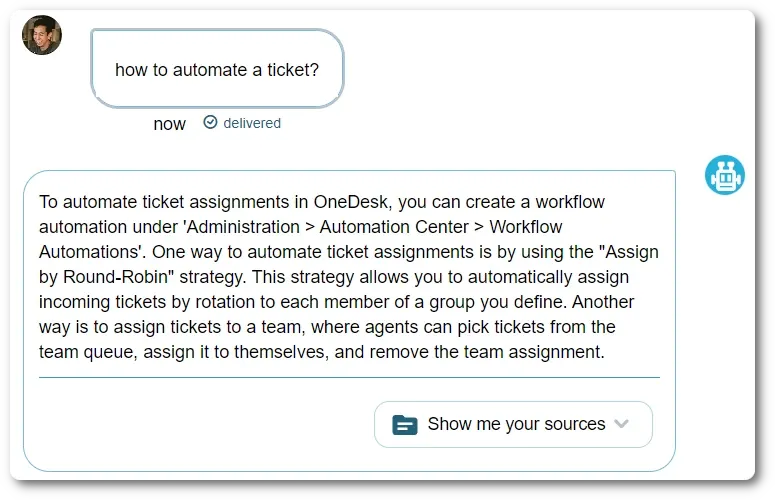 OneDesk Odie AI answering a customer question with sources.