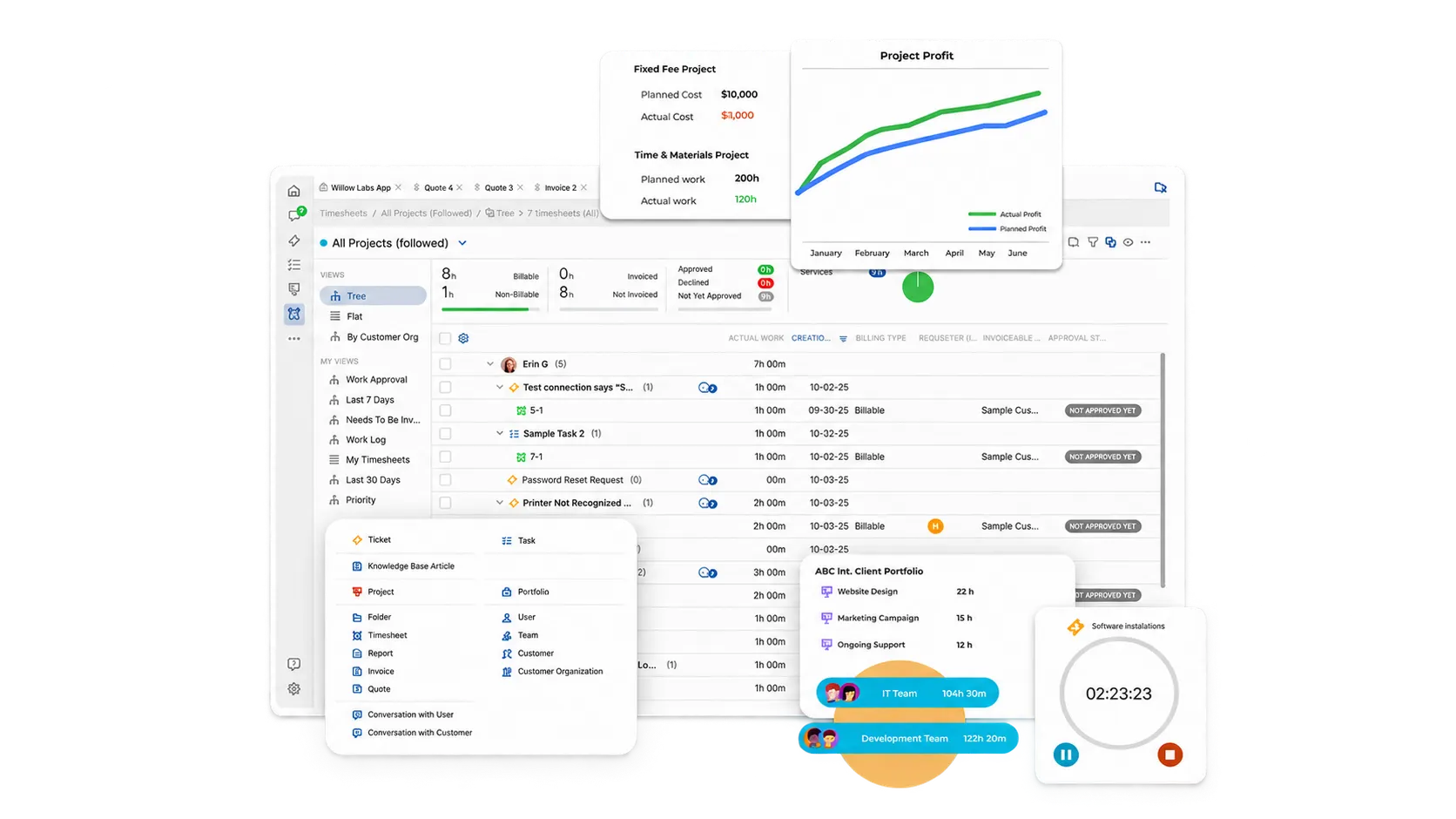 OneDesk timesheets showing billable hours and project costs.
