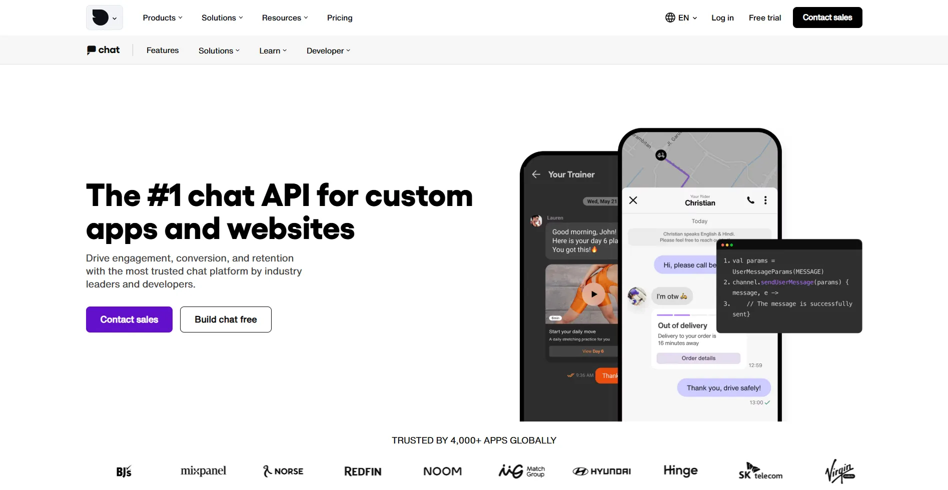 Sendbird Chat API landing page with mobile chat previews and a code example.