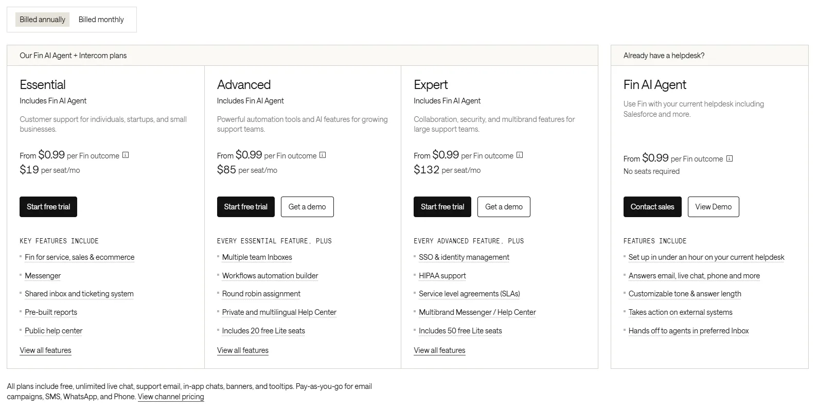 Intercom pricing page