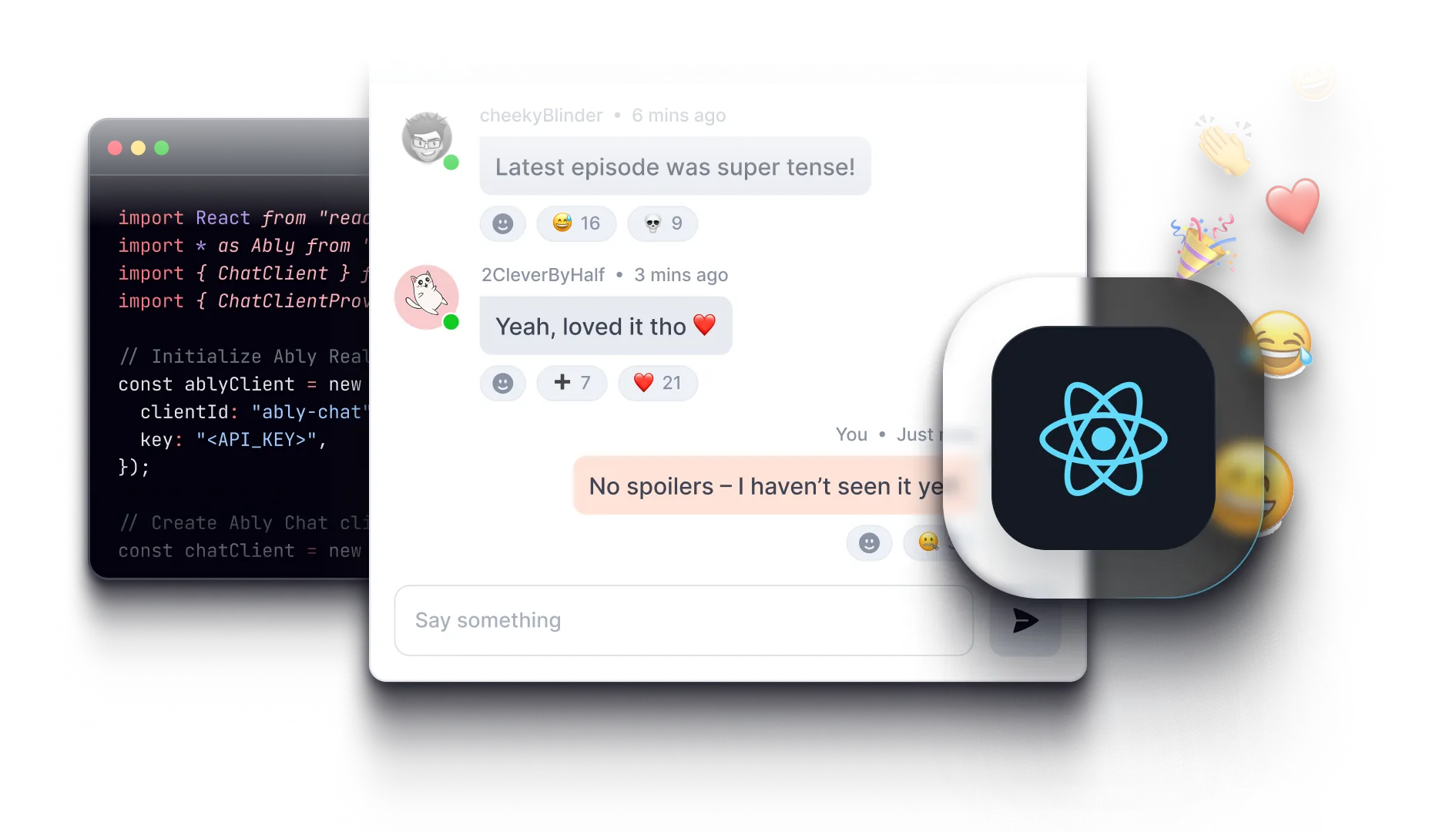 Ably chat example with messages, emoji reactions, a code snippet, and the React logo.