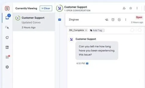 Customer support inbox showing an open conversation and a message asking how long the issue has occurred.
