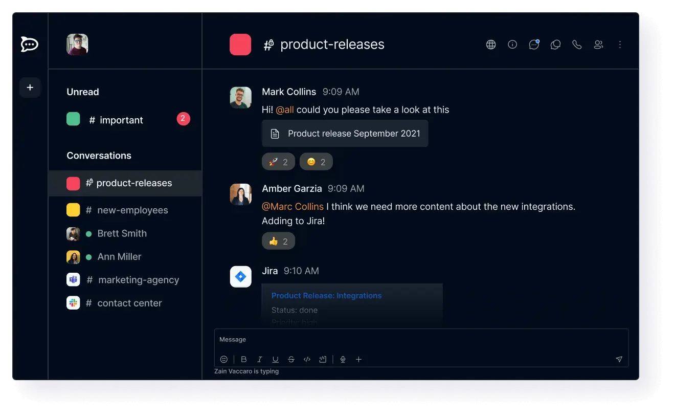 Rocket.Chat interface showing a channel sidebar, a product-release conversation, message reactions, and a Jira update.