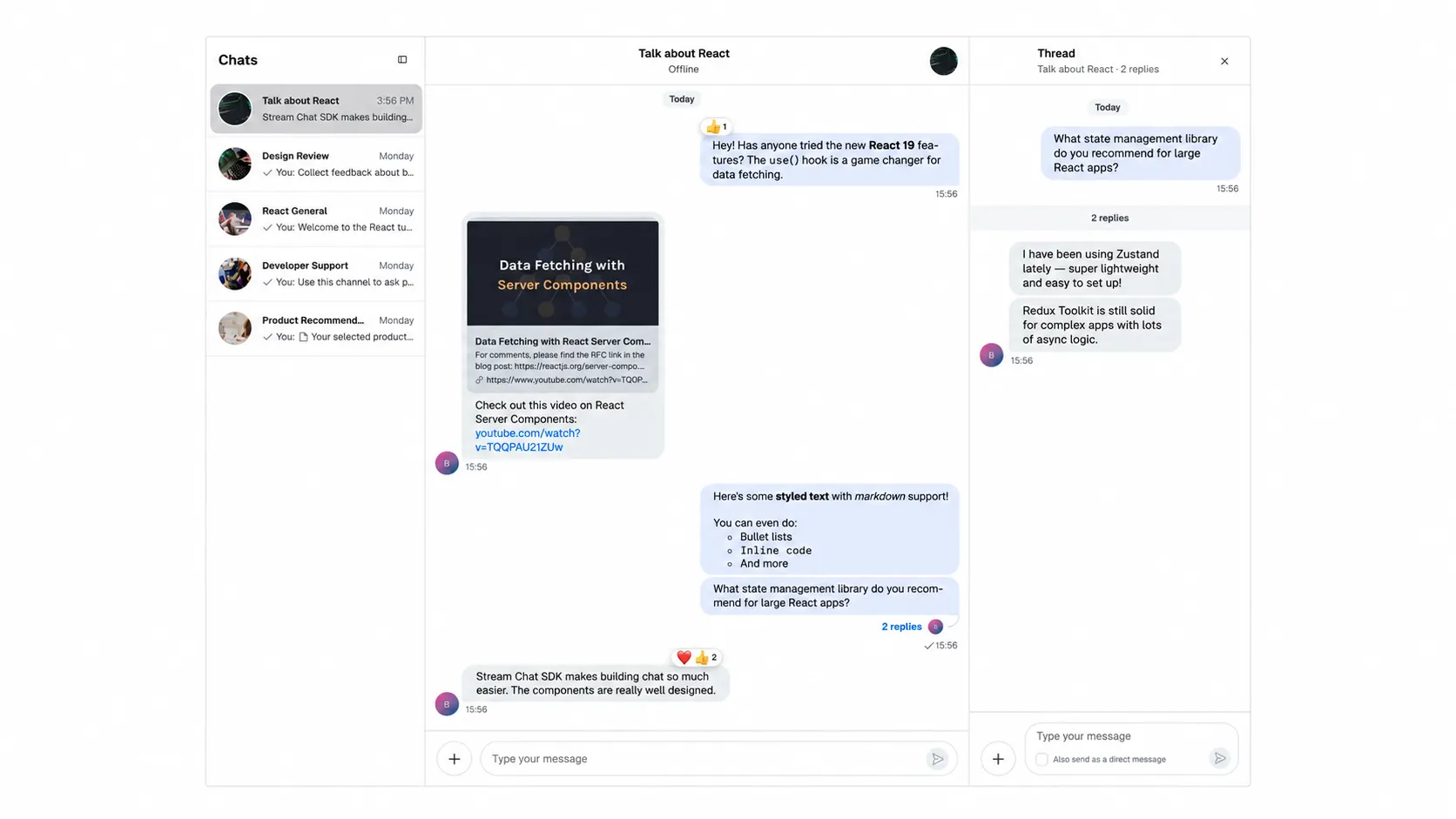 Stream chat demo showing a channel list, group conversation, message reactions, and a thread sidebar.