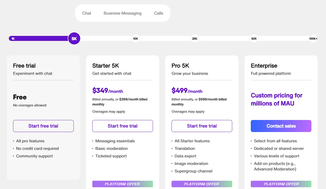 Sendbird pricing page