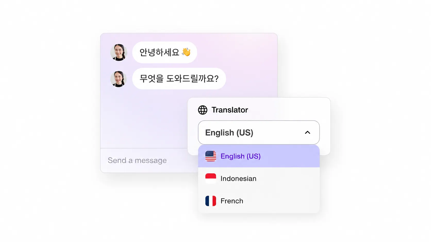 Chat interface showing Korean messages beside a translation menu with English, Indonesian, and French options.