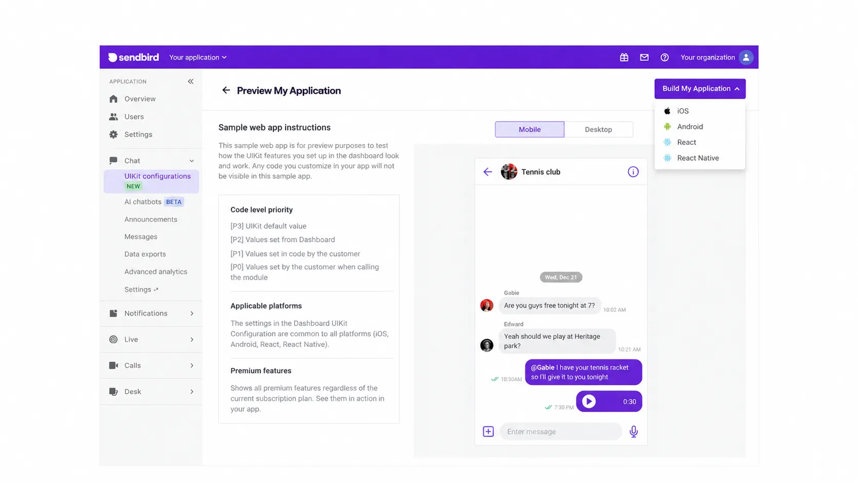 Sendbird UIKit dashboard showing a mobile group chat preview and build options for iOS, Android, React, and React Native.