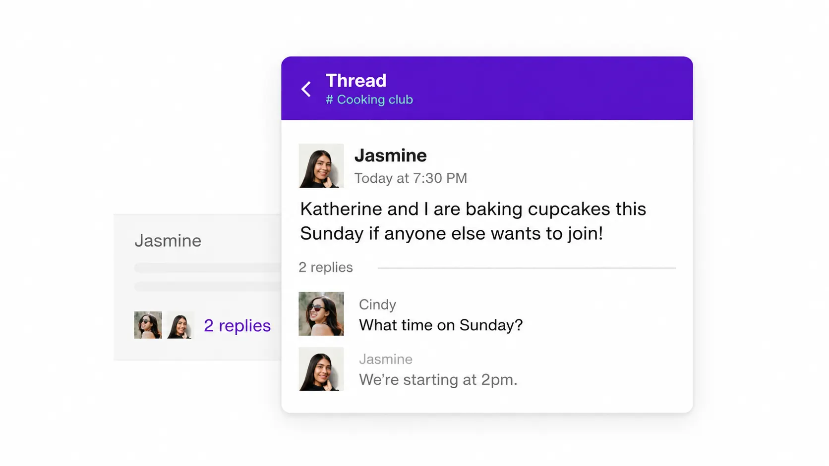 Sendbird chat illustration showing a message thread with replies