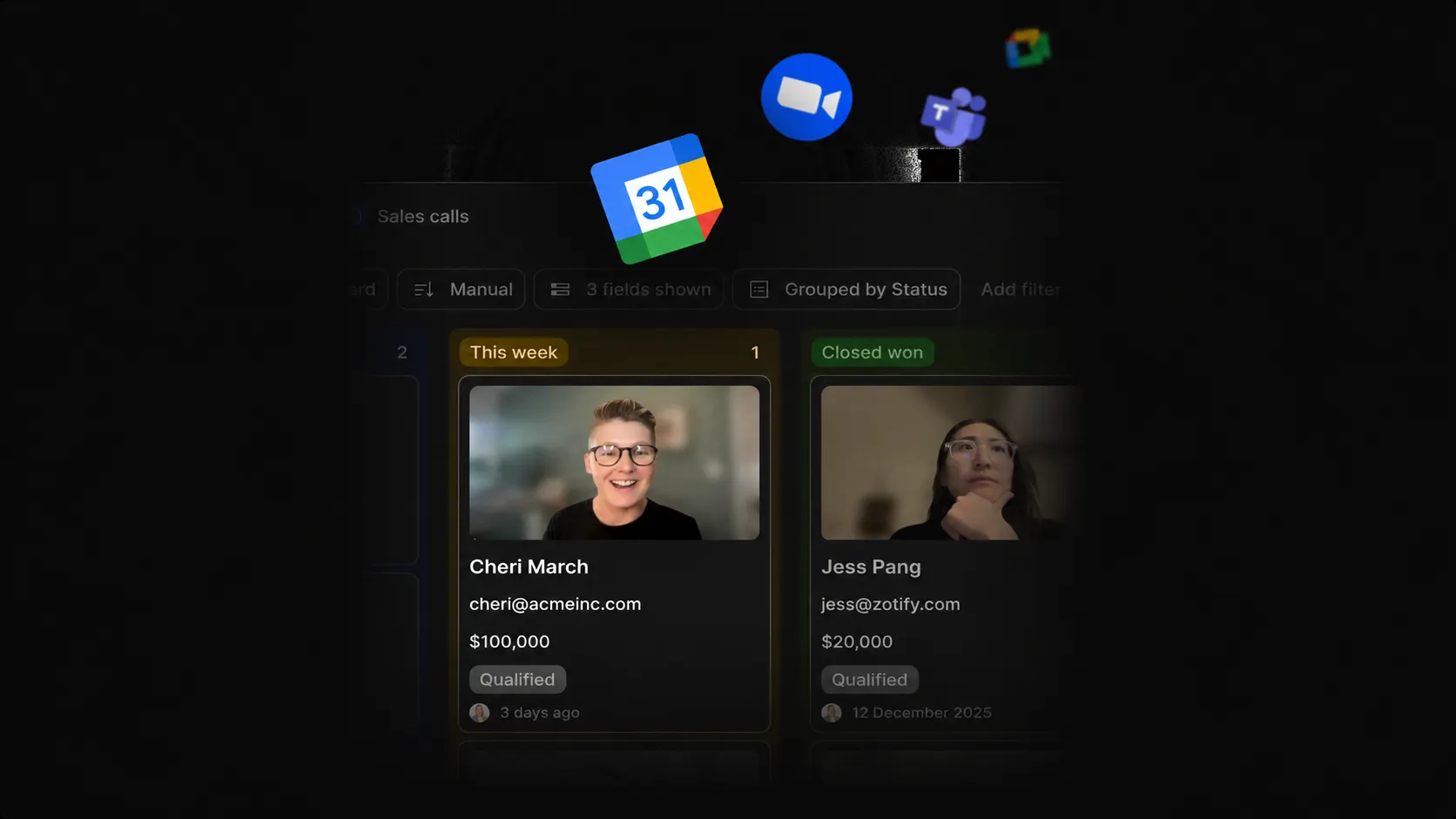 Dovetail project board showing sales call recordings grouped by status, with calendar and video meeting app icons.