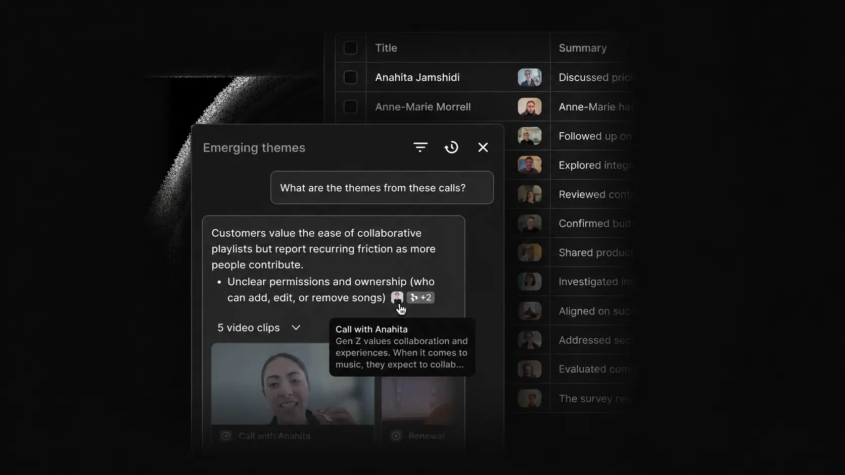 Dovetail AI analysis showing emerging themes from customer calls with supporting video clips and source citations.