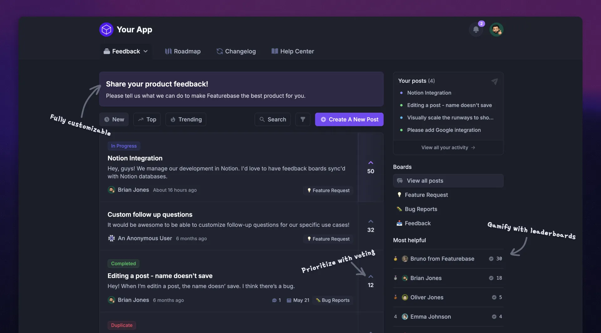 Featurebase feedback portal showing customer requests, vote counts, status labels, and a contributor leaderboard.