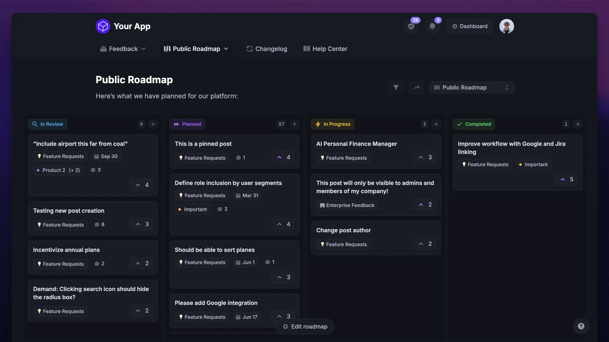 Featurebase public roadmap with feature requests organized into In Review, Planned, In Progress, and Completed columns.