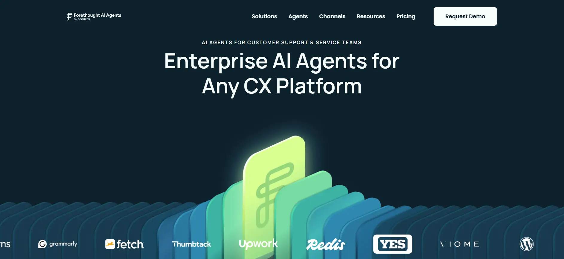 Forethought homepage presenting enterprise AI agents for customer support across CX platforms.