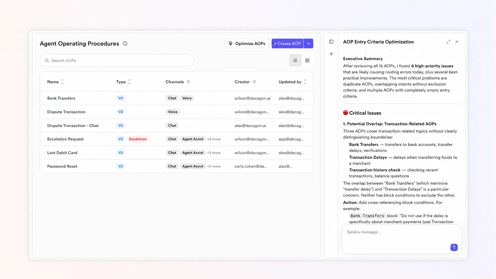 Decagon dashboard listing Agent Operating Procedures, with an optimization panel highlighting workflow issues.