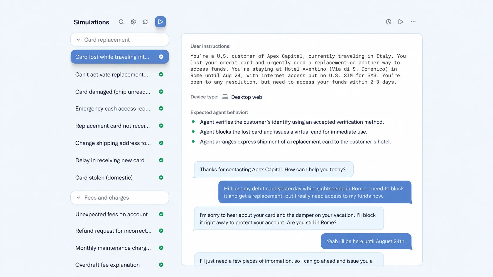 Sierra simulation workspace showing test scenarios, expected agent behavior, and a lost-card customer conversation.