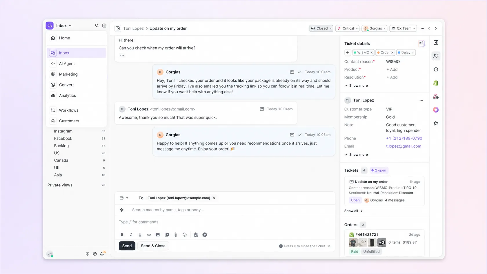 Gorgias inbox showing an order-tracking conversation alongside customer details and Shopify order information.