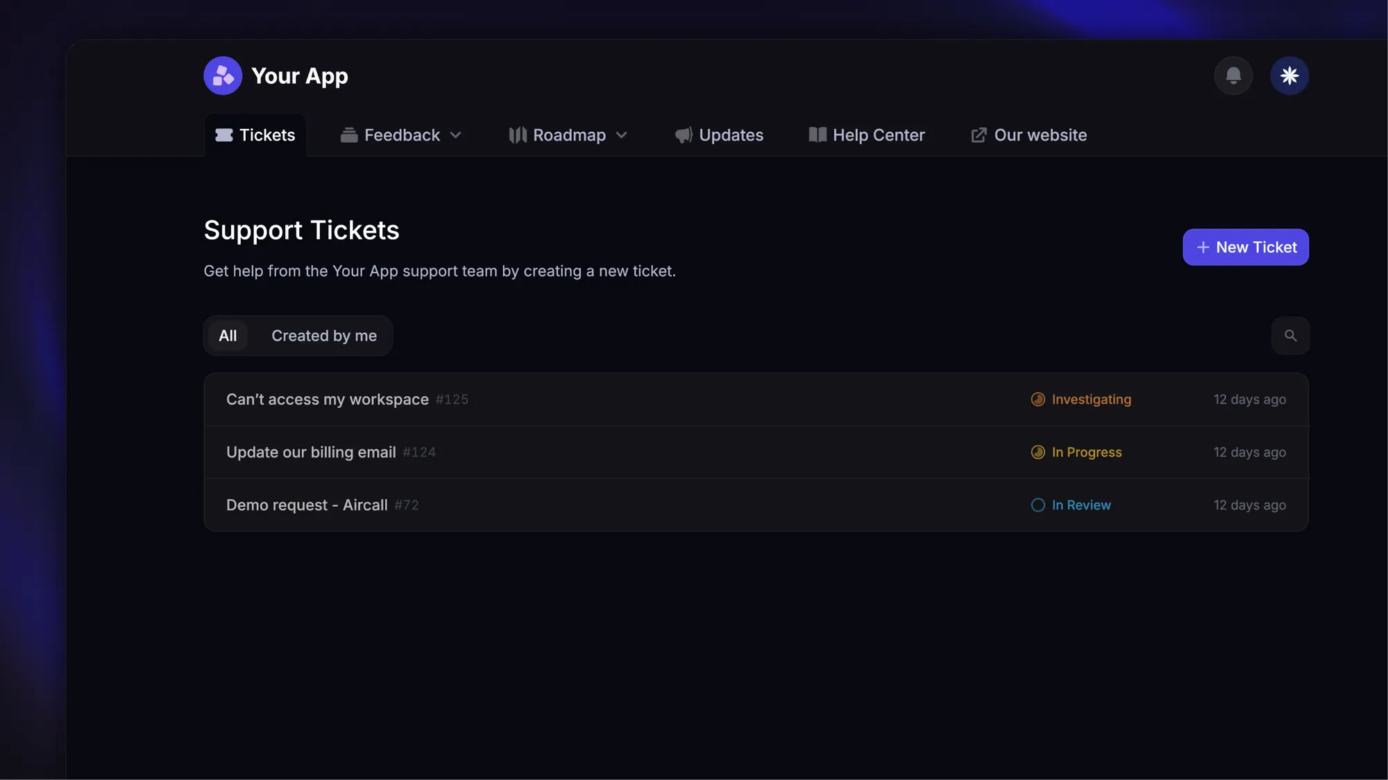 Featurebase customer ticket portal showing support requests with Investigating, In Progress, and In Review statuses.