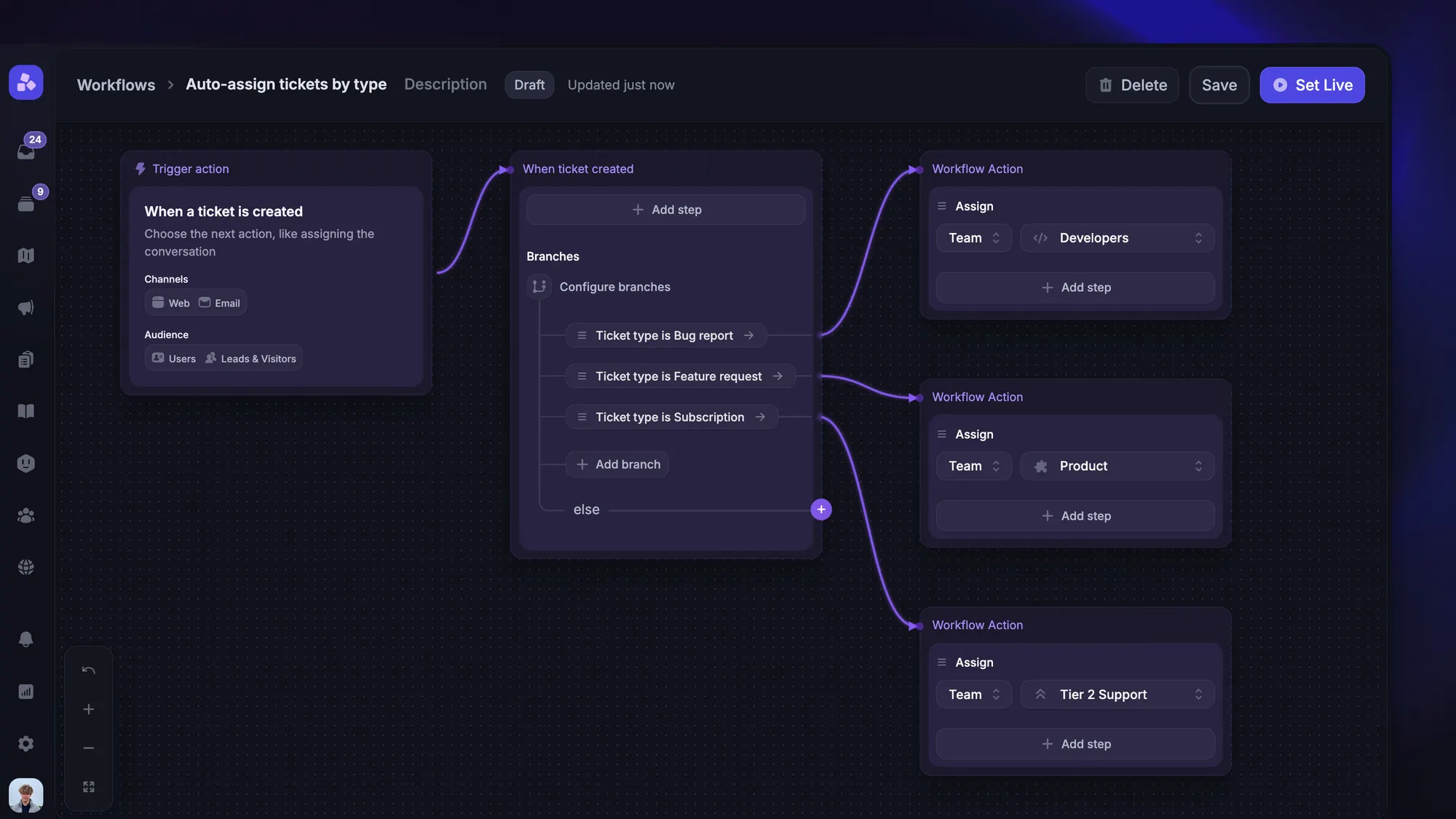 Featurebase workflow branching on bug report, feature request, and subscription ticket types to assign different teams.