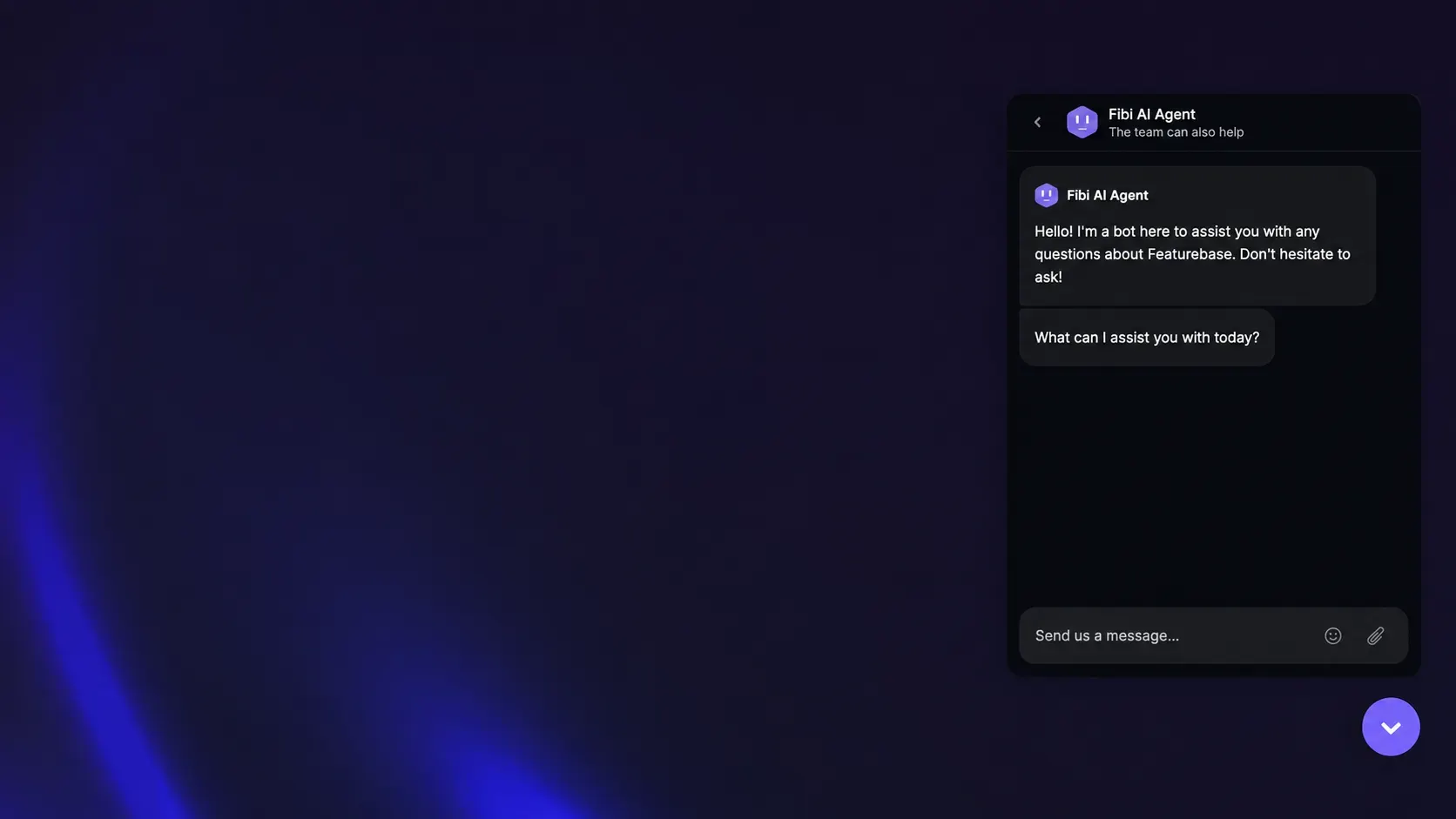 Featurebase's Fibi AI Agent greeting a customer and inviting product questions in a chat widget.