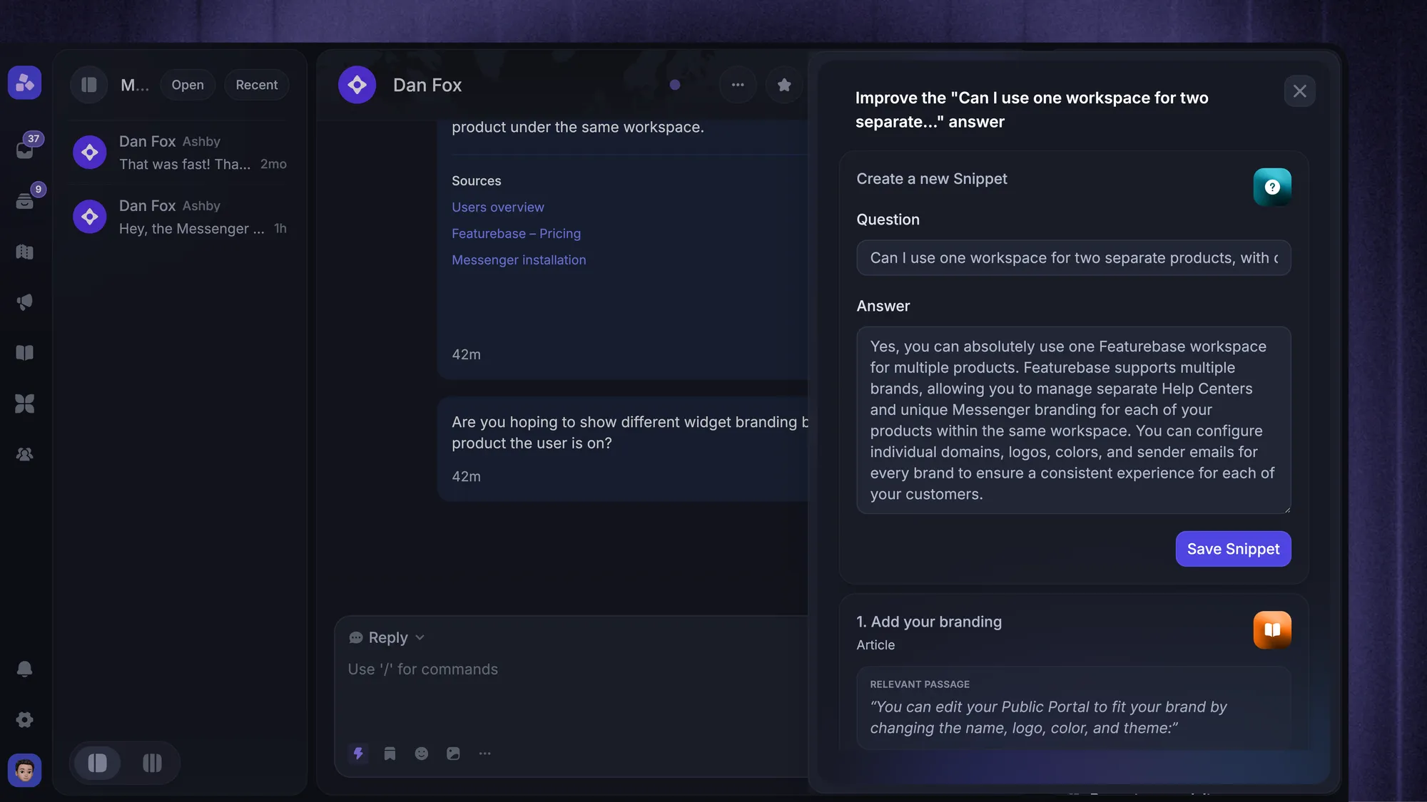 Featurebase Inbox with Fibi's Improve answer panel showing a Q&A snippet and a relevant Help Center article.