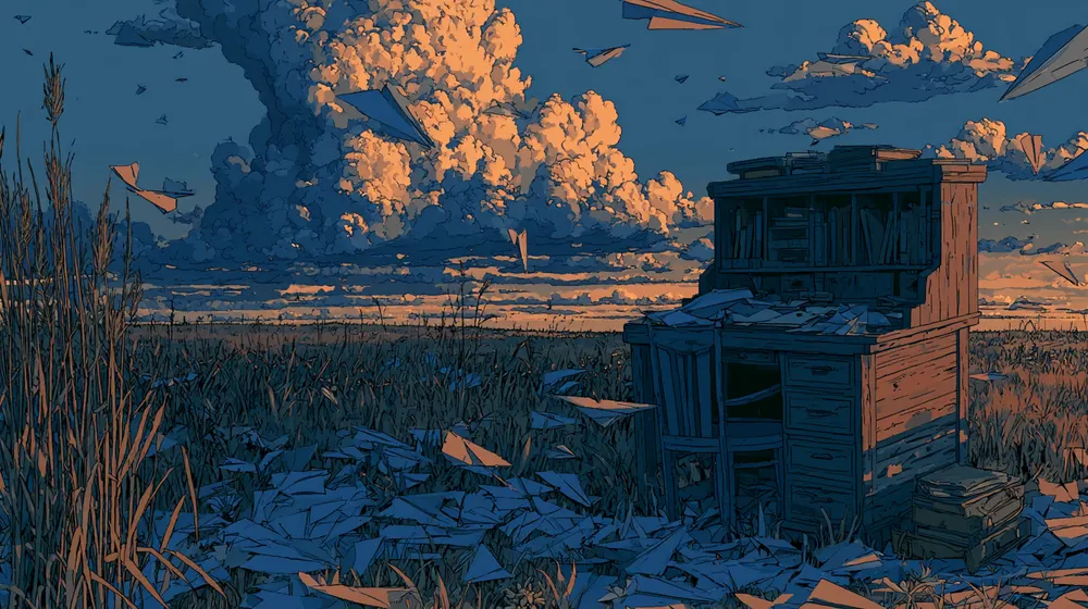 Illustration of a wooden desk in a field, surrounded by scattered papers and paper airplanes beneath sunset clouds.