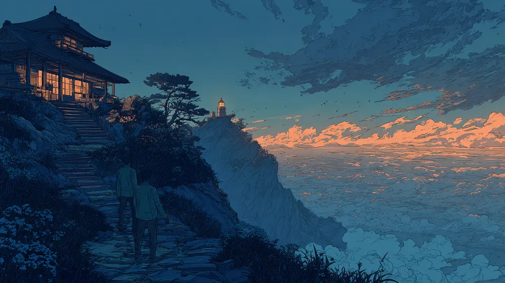 Illustration of two people walking toward a lit house on a cliff at sunset, representing customer service and customer support working together.