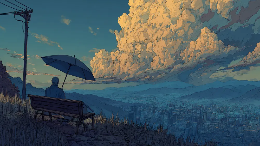 A calm illustrated scene of a person sitting on a bench under an umbrella, overlooking a city and mountains beneath dramatic clouds.