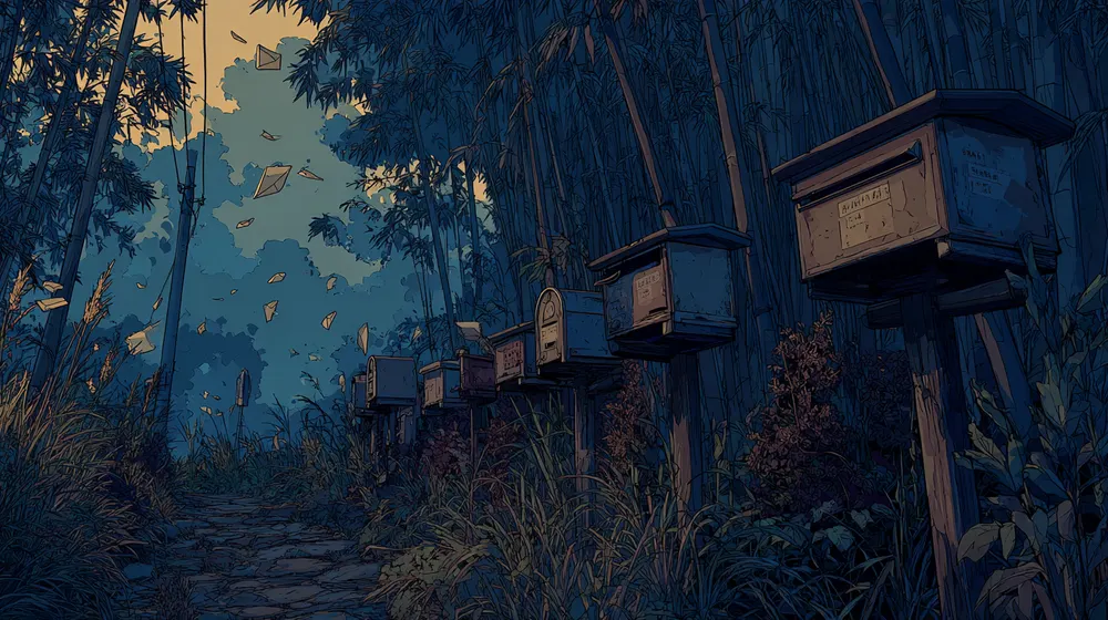 Mailboxes lined along a forest path with letters flying through the air.