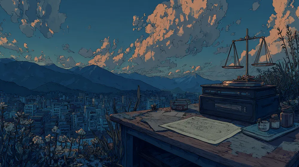 Illustration of a desk with documents and scales overlooking a city, representing fintech customer service, compliance, and trust.