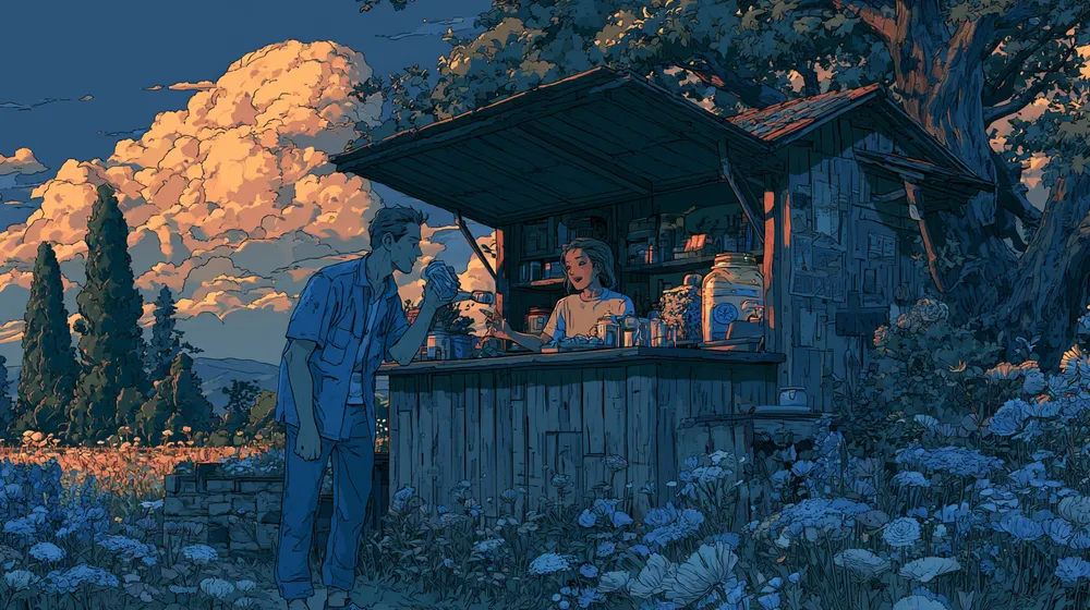 Illustration of two people chatting at a small garden kiosk at sunset.