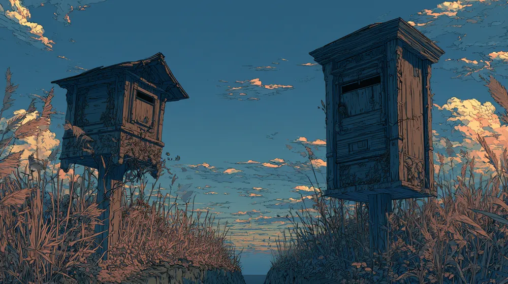 Anime-style illustration of two weathered wooden towers in tall grass at sunset, with a narrow path between them and glowing clouds in the blue sky.