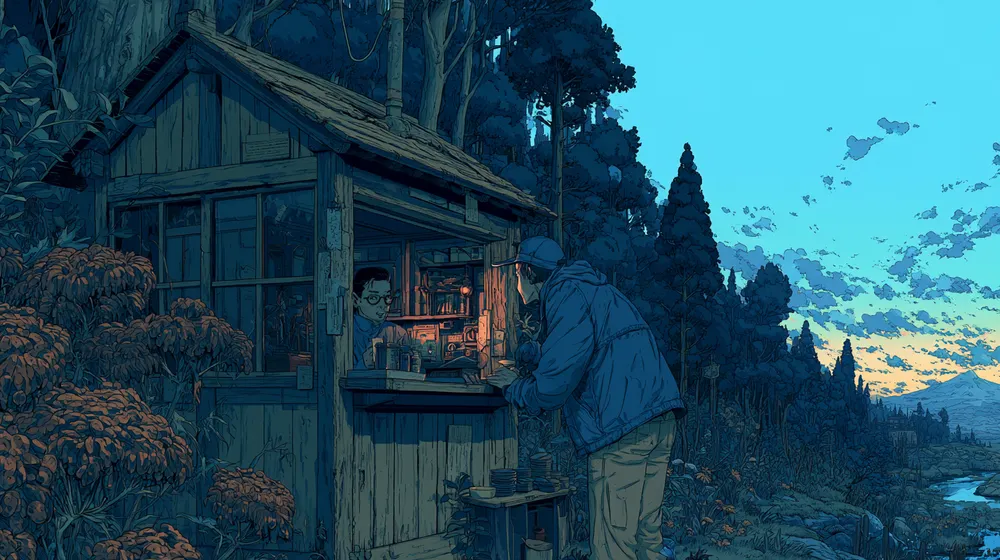 Illustrated feature image showing a person using a small outdoor service window at dusk.