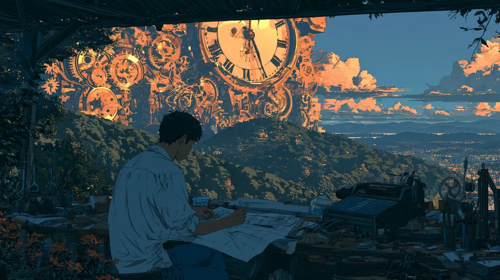 A person designs a conversational AI system beside a large clockwork structure.