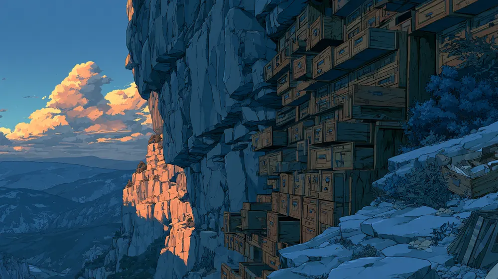 Illustration of stacked case files built into a snowy cliffside at sunset.