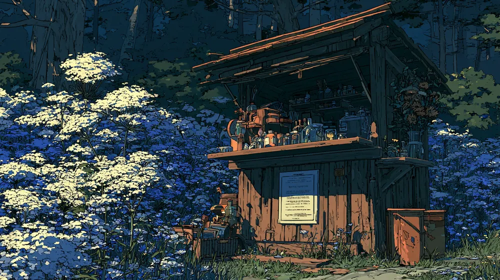 Anime-style illustration of a small wooden customer service booth surrounded by white and blue flowers.