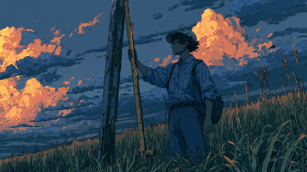 Illustration of a person measuring a signpost in a grassy field at sunset.
