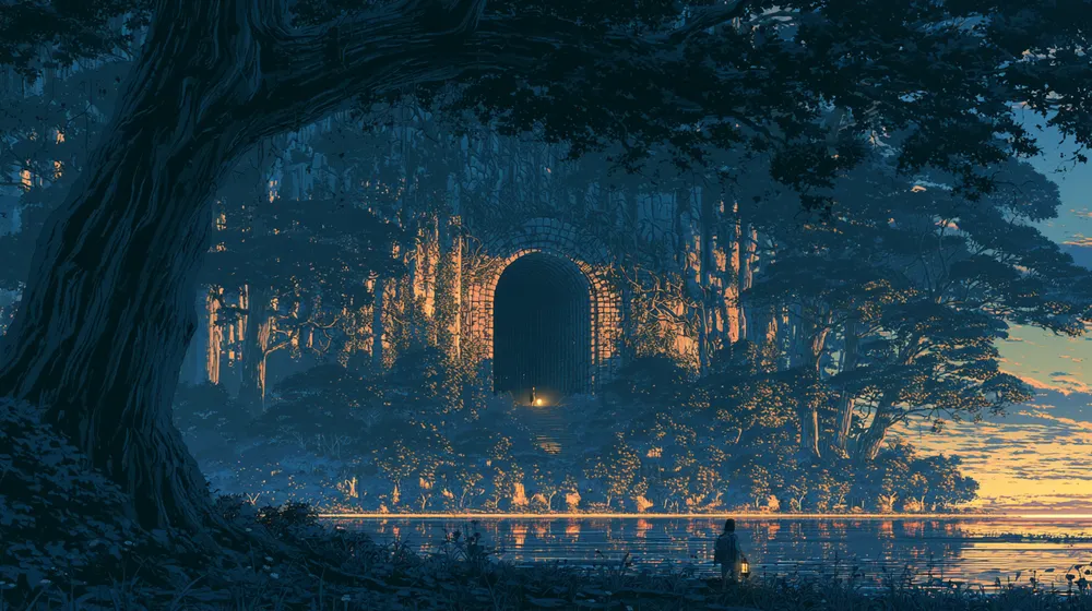 Lone figure approaching a glowing doorway hidden in a dark forest beside a reflective lake.