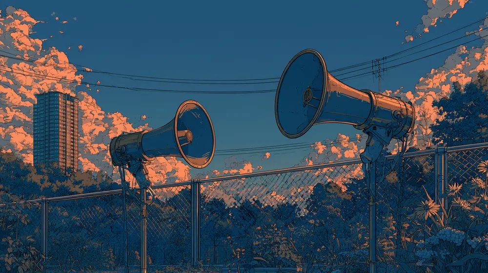 Two megaphones facing opposite directions above a fence at sunset.