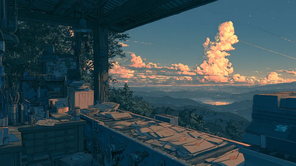Illustration of envelopes moving along a conveyor in an open workshop overlooking mountains at sunset.