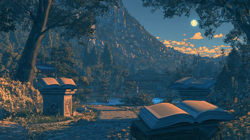 Open books along a mountain path at sunset.